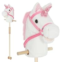 AIYAPLAY Unicorn Stick Horse with Wood Wheels, Real Pony Neighing and Galloping Sounds, Grip Handle, Plush Unicorn Hobby Horse Toy, 95 cm, White (LR44 Batteries Required)