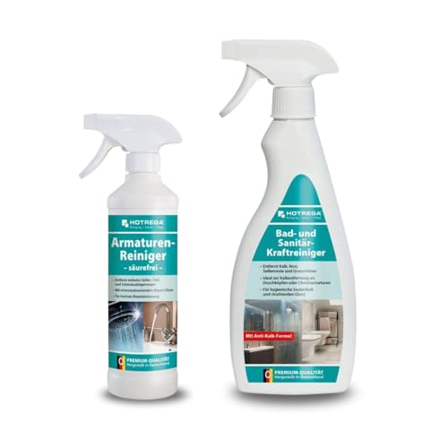 HOTREGA Badreiniger 500 ml & Armaturenreiniger säurefrei 500 ml | Entfernt Kalk, Seifenreste | Streifenfreien Glanz für Armaturen und Sanitärflächen