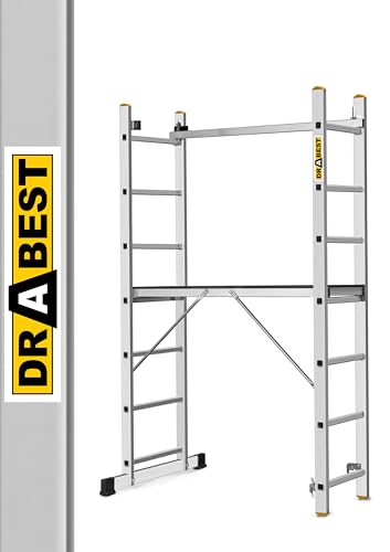 DRABEST PRO 3in1 Leiter aus Aluminium - Gerüst, Klappleiter, Mehrzweckleiter mit Arbeitsplattform & Eimerhaken - Höhenverstellbar, Klappbar - Aluleiterfür BAU, Garten, Haushalt - 2X 7 Stufen