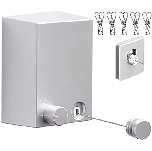 ABHILWY Retractable Clothesline Clothes Line Retracting Outdoor/Indoor, Heavy Duty Stainless Steel Adjustable Drying Rope Wire Dryer with ABS case+Aluminum, Self Adhesive Wall Mount 13.8 Feets Silver