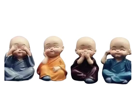 Cute Baby Monk Figurines Set, 4 Pieces, Colorful Robes, Hear No Evil See No Evil Speak No Evil, Buddhist Theme Decor (multi5)