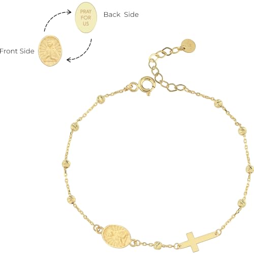 Image of MIONZA Catholic Medal Cross Bracelet for Women | 14K Gold Plated or Solid Gold, Religious Rosary Jewelry, Choose Your Saint Medal Bracelet