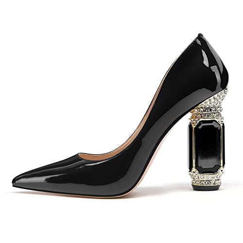 Image of JANSEVEN Women Chunky Heels Pumps Crystal Block Heels with Rhinestones Pointed Toe Sexy Gradient Patent Leather Slip on Bridal Party Wedding Dress Shoes 5-13 M US