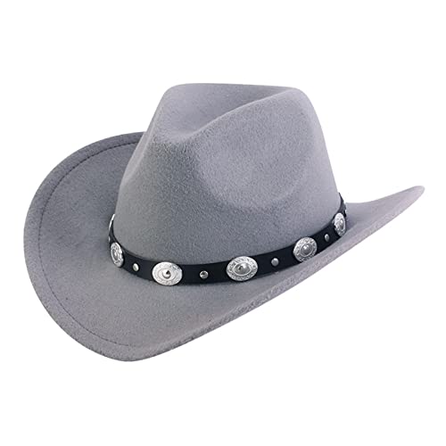 WERTYT Western-Cowboyhut für Damen und Herren mit breiter Krempe, Vintage-Filz-Fleece-Fedora-Hut für Alltag, Party, Cosplay, Cowgirls-Outfit (Grau,F,Einheitsgröße) Cover