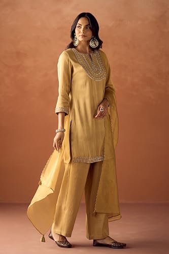 Image of FIORRA Women Mustard Yellow Tissue Blend Hand Embroidered Kurta Set with Dupatta