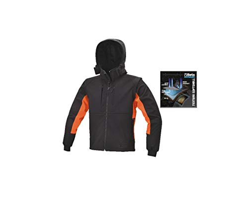 BETA 7683 S - Giacca softshell da lavoro con cappuccio e maniche staccabili, giacca impermeabile e antivento in poliestere, 4 grandi tasche con zip in vita e petto - Nero/Arancio