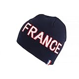 Vendita online b onnet bandiera francais Blu Bianco Rosso con Francia sul top blu navy, berretto Francia uomo e donna a buon mercato per sostenere squadre di calcio, rugby o look city, artiglio tricolore sul fondo. 100% lana acrilica morbida e calda