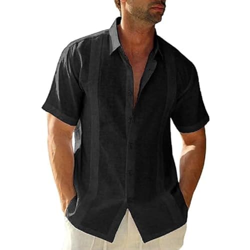 JEKAOYI Mens Casual Linen Cotton Button Down Short Sleeve Shirts Cuban Camp Guayabera Beach Tops