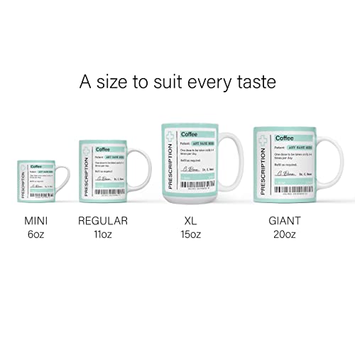 Mug Monster - Prescription for Coffee Mug, Personalised Leaving Gift for Colleague - Ceramic Coffee Cup, Gift Men or Women, Extra Large and Giant Available, 15oz White & Coaster