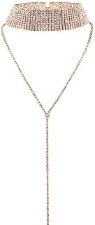 Elegant Rose Multi-rows Rhinestones Choker Necklace Round Neck Long Sweater Pendant Adjustable Necklace Jewelry for Ladies Womens