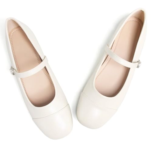 LUXINYU Women Mary Jane Flats Comfortable Leather Shoes Adjustable Buckle Straps Low Heel Round Toe Ballet Flats Work Casual Shoes