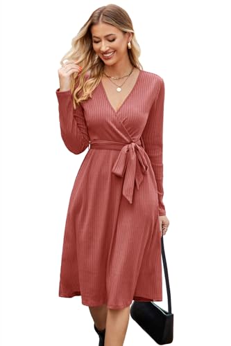 Newshows Womens 2025 Fall Dresses Teacher Church Business Casual Work Outfits Knit Midi Sweater Pockets Belt Dress(Peach, S)