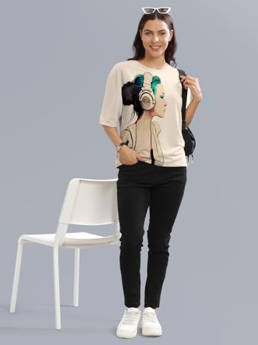 Image of HELLCAT Beige Printed Loose Fit Crew-Neck Crop T-Shirt for Women