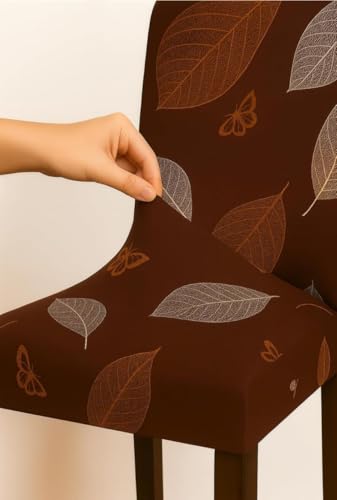 Image of Homerz Premium 6 Seater Dining Table Cloth with 6 Dining Chair Covers,Elastic Fitted Chair Slipcovers, Printed Polycotton Fabric, Table Cloth Size 60x90 inch (Maroon Leaf)