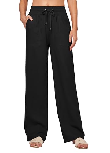 Women Linen Pants Wide Leg Palazzo Pants Cotton Linen Drawstring Summer Pants with Pockets 29"/31"/ 33"2