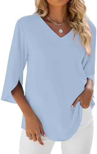 isermeo Womens 2024 Casual V-Neck Loose Tunic Top 3/4 Sleeve Chiffon Blouse Shirt Summer Tops S-XXL