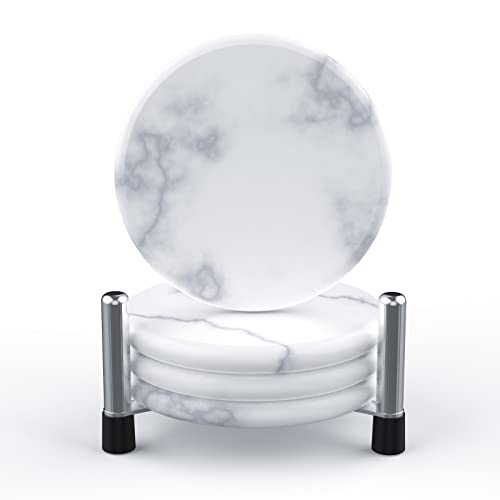 Lot de 4 dessous de verre en marbre avec support en fer anti-adhésif de 10 cm pour protéger la table des taches, des anneaux d'eau et des brûlures, cadeau de pendaison de crémaillère - Blanc Cover