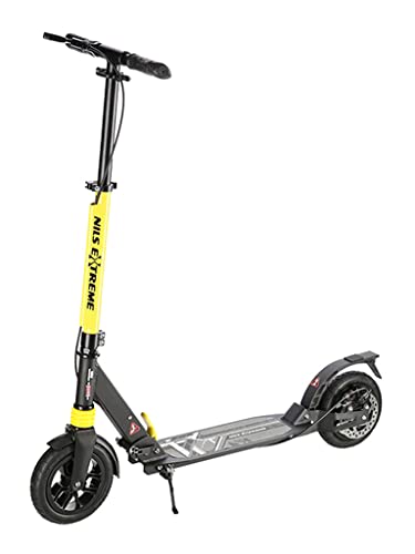 NILS Trottinette avec support - Trottinette avec roues gonflables - Trottinette de ville pliable en aluminium - Trottinette avec frein arrière manuel - Roues 200 mm - Gris et Jaune