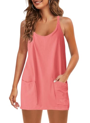 Image of Panadila Womens Summer Sleeveless Mini Dress V Neck Spaghetti Strap Sundress Athletic Short Dress with Pockets