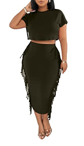Image of YUEWOO 2 Piece Outfits for Women Sexy Crop Top Ruched Bodycon Maxi Dresses Fringe Skirt Sets Night Club Jumpsuits