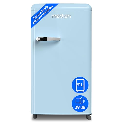 MEDION Frigorífico retro (91 litros, altura 91cm (pies regulables en altura), estantes de cristal regulables en altura, cajón transparente para verduras, independiente, bisagra de puerta a la derecha