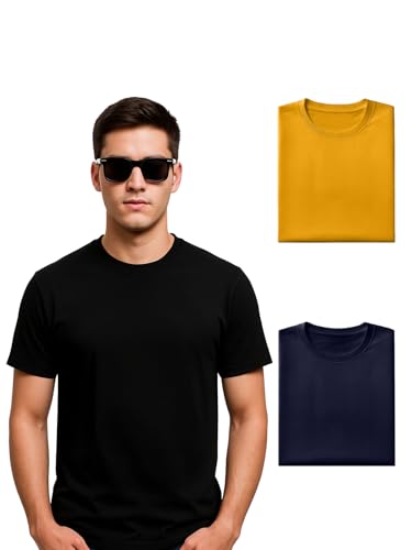 Image of Veirdo 100% Pure Cotton Regular Fit Half Sleeve Solid Core Round Neck Multicolor T-Shirt Combo for Men (Pack of 3)