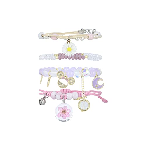 Image of 4 Pcs Beaded Cute Bracelets for Teen Girls Women, Dainty Cute Cartoon Crystal Beads Pearl Stretch Charm Handmade Adjustable Anklets Bracelet Set Birthday Gift for Friends
