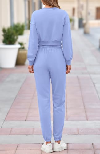 BTFBM Women 2 Piece Outfits Long Sleeve Crop Top Pullover Drawstring Pant Jogger Set Casual Sweatsuits Tracksuit Pockets(Light Blue, Small) — view 4