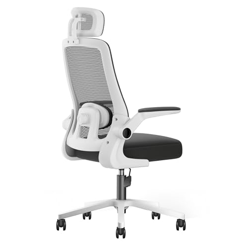 オフィスチェア デスクチェア ゲーミングチェア 腰サポート可動式ランバー 跳ね上げ式アームレスト 2Dヘッドレスト 30°ロッキング 通気性メッシュ 8CM厚座面 360°回転 10CM昇降調節 パソコンチェア(ホワイト)
