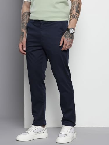 Image of The Indian Garage Co Men Regular Fit Solid Mid-Rise Stretchable Chinos
