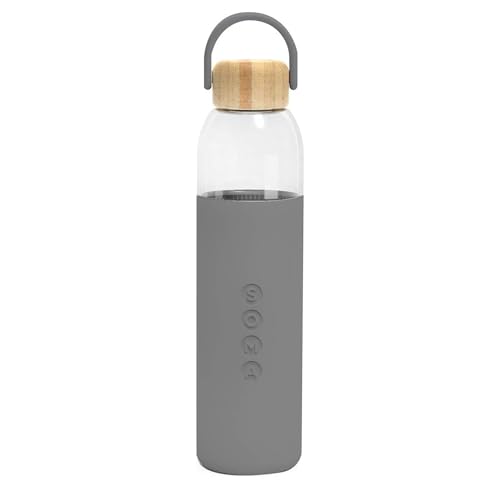 Soma Glass Water Bottle with Non-Slip Silicone Handle & Sleeve, Natural Bamboo Screw Cap, and Leak-Proof Design - Reusable, Refillable, BPA-Free, Eco-Friendly Alternative - Grey, 24oz/740ml