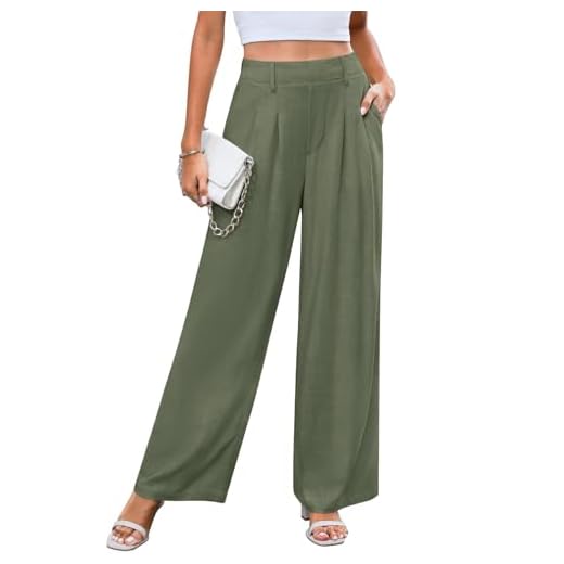 CMTOP Pantalon Lin Femme Été Pantalon Large à Jambe Droite Pantalon Ample Décontracté Fluide Pantalon Taille Haute avec Cordon de Serrage Elastique et Poches (Vert Militaire, M)