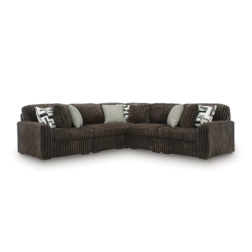 Image of Signature Design by Ashley 5-Piece L-Shaped Sectional Couch, Chocolate | 100% polyester jumbo corduroy, 122 in L-shaped couch, Anti sag platform foundation, Midnight-Madness Series