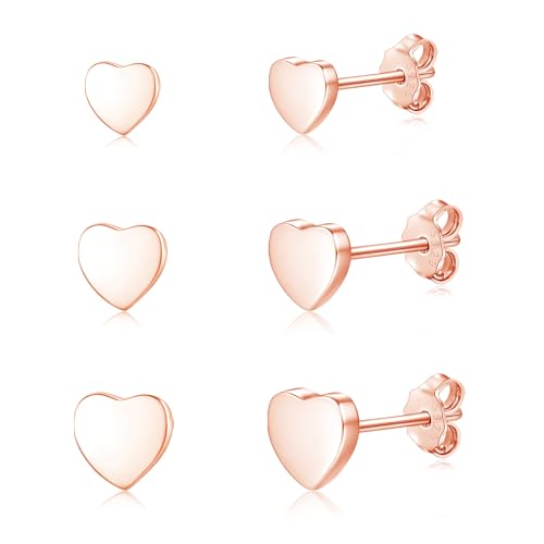 Loutade Rose Gold Stud Earrings for Women, 3 Pairs 925 Sterling Silver Heart Stud Earrings Set in 4/5 /6mm, Minimalist Classic Flat Heart - Shape Silver Earrings Tiny Cartilage Sleeper Ear Studs