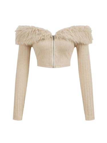 WDIRARA Women's Faux Fur Off Shoulder Crop Coat Zip Up Fuzzy Jackets Long Sleeve Knitted Outerwear Khaki Medium