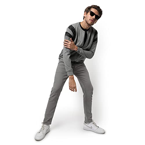 Image of Campus Sutra Men's Light Grey Solid Vegan Leather Regular Fit Cotton Jacket For Winter Wear | Round Neck Collar | Full Sleeve | Zipper | Casual Jacket For Man | Western Stylish Jacket For Men