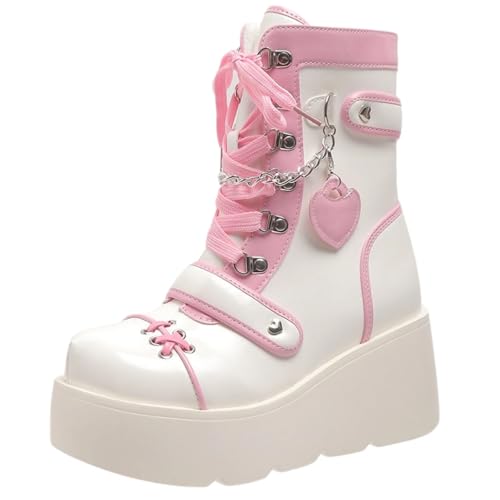 GUNIYIFS Platform Ankle Boots for Women Gothic Wedge High Chunky Punk Combat Boots Pink Cute Lace up Side Zip Dress Booties