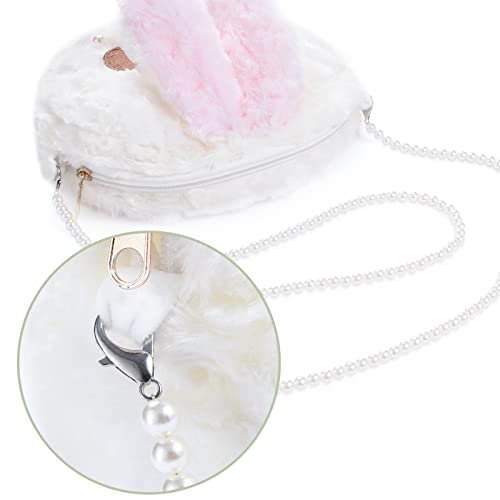 Image of kawaii bunny Crossbody bag,cartoon Plush Rabbit wallets,cute Lolita Handbag for women, Lovely Fluffy animal purse (pearl chain) white