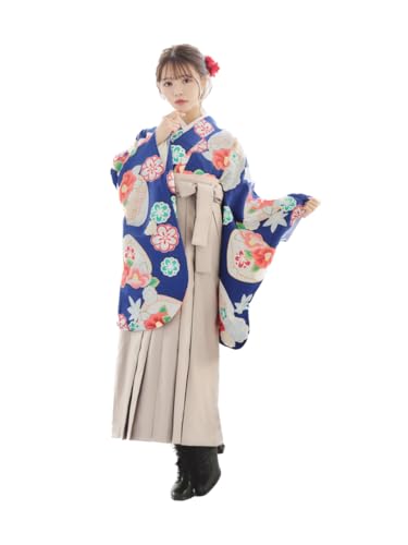 [RiraMacherie] リラマシェリ 袴 3点 セット 小学生 大学生 卒業式 椿 梅 (袴SS, C紺地椿柄×モカ)