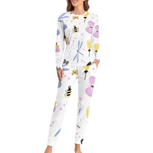 Pyjama femme papillon libellule avec t-shirt manches longues et pantalon de nuit