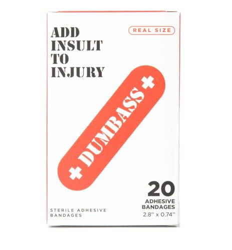 Dumbass Adhesive Bandages - Funny Stocking Stuffer or White Elephant Gift Idea for Men Him Husband. Fun Gag Gift or Birthday Present for Best Friend - Latex Free Sterile Wound Care Aid Kit - 20 Count