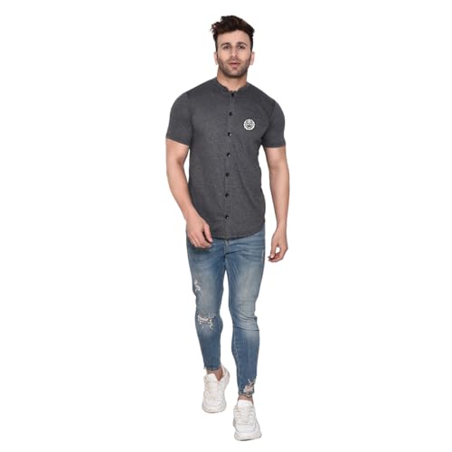 Image of Geum Men's Mandarin Collar Shirt with Graphic Print| Short Sleeve Cotton Blend Slim Fit Casual Shirt for Men