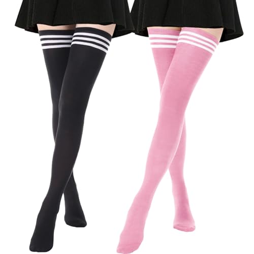 Image of AQOKKA Extra Long Thigh High Socks for Women Striped Over Knee Thigh Socks Long Boot Thigh High Stockings Leg Warmers
