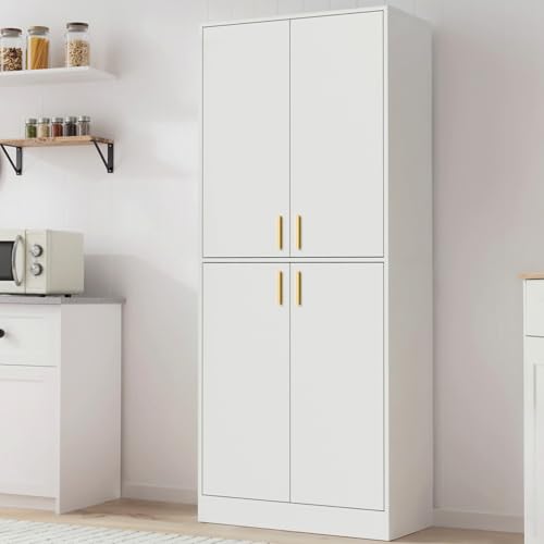 Cozy Castle Kitchen Pantry Cabinet, 71" Tall Wood Storage Cabinet with Doors and Shelves 4 Doors Freestanding Cupboard for Dining Room Living Room Bathroom Furniture, White