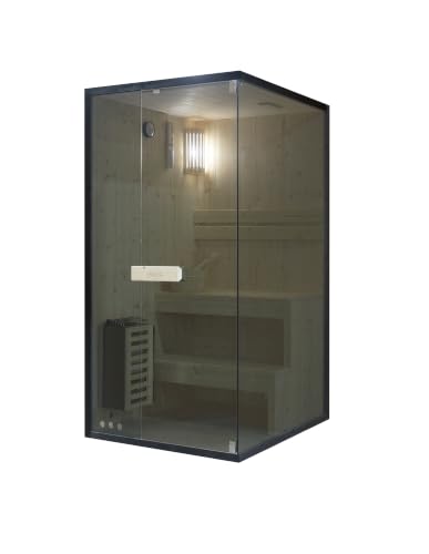 SANOTECHNIK Falun S Sauna per 1 persona, sauna interna in legno di abete rosso con forno Harvia da 3,6 kW, pietre per sauna e accessori, vetro di sicurezza colorato, 100 x 120 x 200 cm