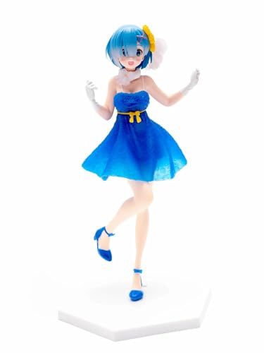 DECOR SPIRIT Re:Zero Rem - Figura de anime de 25 cm, vestido de cristal azul con lazo blanco y postura dinámica de pie con una pierna levantada, figura Rem premium para decoración de escritorio y