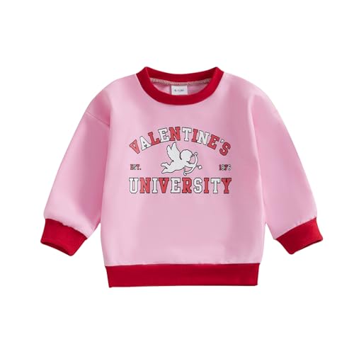 GINEVSAL Little Boy Girl Valentine's Day Sweatshirt Letter Print Long Sleeve Round Neck Pullover Sweater Loose Tops (Pink, 12-18 Months)