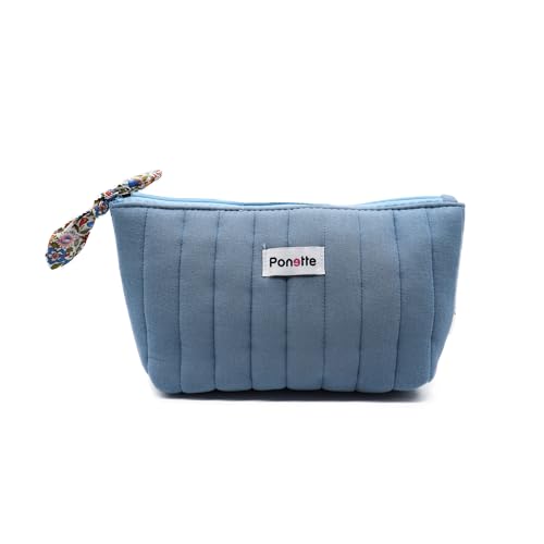 PONETTE - Neceser Mujer Vive Grande de Tejido Acolchado Azul Claro con Tirador de Tejido de Flores Estampado Multicolor, Ideal, Viaje, Piscina, Tocador, Estuche, Bolsa de Aseo, Marca Española