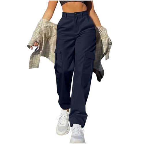 Women's Cargo Pants Solid Color Multiple Pockets Workwear Trousers Casual Straight Button Baggy Cargo Pants