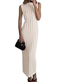 Wenrine Womens Sleeveless Sweater Dress Mock Neck Ribbed Knit Fall Tank Maxi Dresses Creamy-White